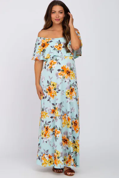 PinkBlush Light Blue Floral Off Shoulder Maternity Maxi Dress