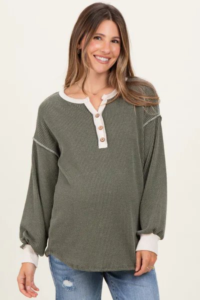 PinkBlush Olive Textured Rib Bubble Sleeve Maternity Henley
