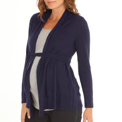 Angel Maternity Maternity Roll Collar Knitted Waist Tie Cardigan - French Navy