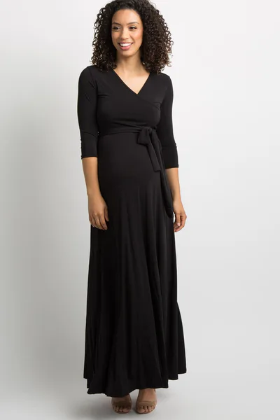 PinkBlush Black Solid Sash Tie Maternity Maxi Dress
