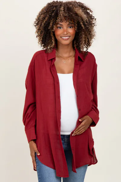 PinkBlush Burgundy Oversized Maternity Button Down Shirt