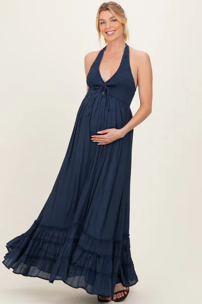 PinkBlush Navy Halter Neck Smocked Maternity Maxi Dress