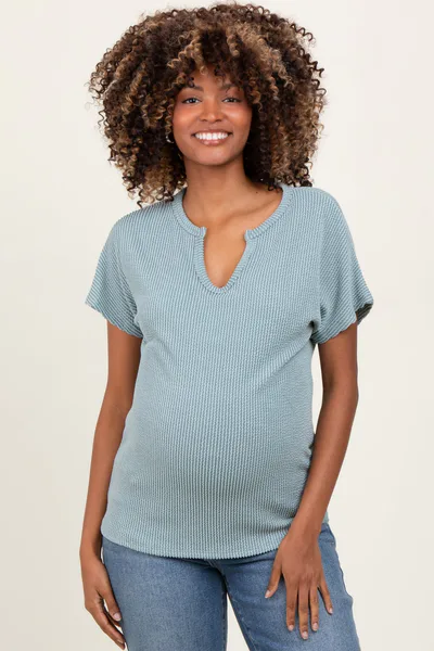 PinkBlush Mint Green Ribbed Notched Neckline Maternity Top