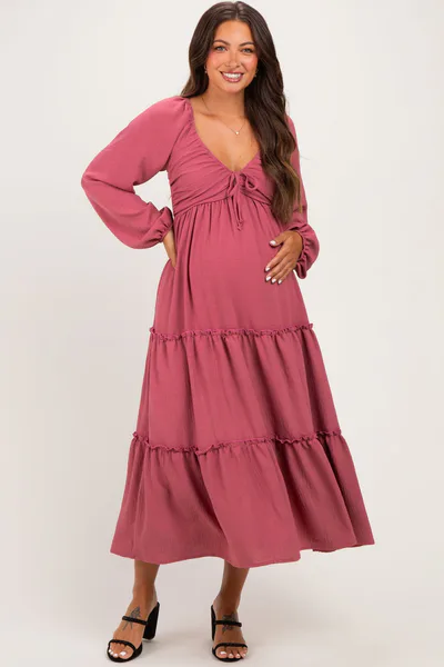 PinkBlush Mauve Tiered Long Sleeve V-Neck Maternity Maxi Dress