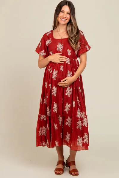 PinkBlush Rust Floral Print Ruffle Hem Maternity Midi Dress