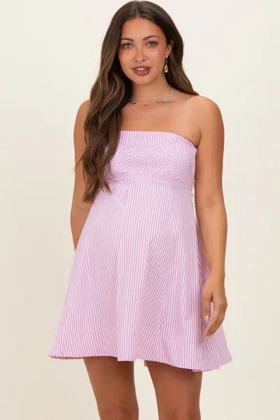 PinkBlush Light Pink Striped Strapless A-Line Maternity Dress