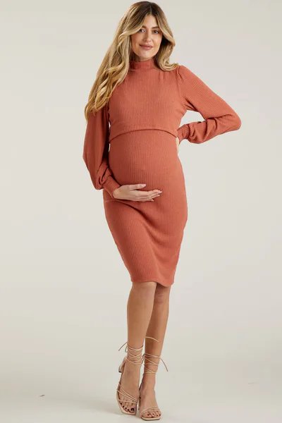 PinkBlush Rust Rib Knit Mock Neck Maternity Nursing Dress