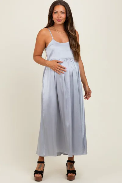 PinkBlush Light Grey Satin Sleeveless Tie-Back Maternity Midi Dress