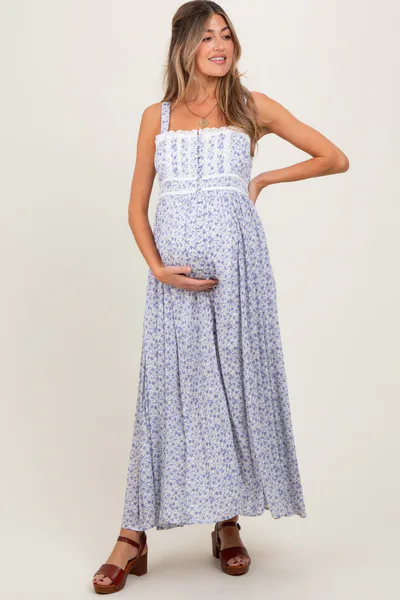 PinkBlush Light Blue Floral Button Down Sleeveless Maternity Maxi Dress