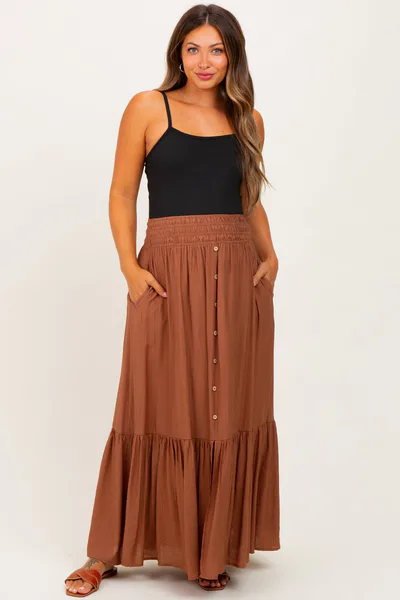 PinkBlush Mocha Smocked Waist Button Accent Maternity Maxi Skirt