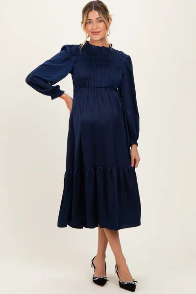 PinkBlush Navy Mock Neck Satin Smocked Chest Maternity Dress