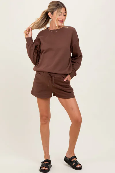 PinkBlush Brown Fleece Sweatshirt Shorts Maternity Set