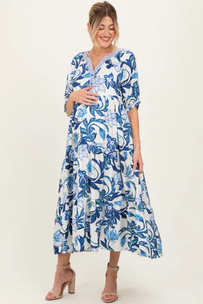 PinkBlush Navy Tropical Floral Tiered Maternity Midi Dress