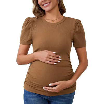 Target INSPIRE CHIC Women's Maternity Blouse Business Office Side Ruched Ribbed Knit Puff Sleeve Top Casual Pregnancy Clothes Large Brown