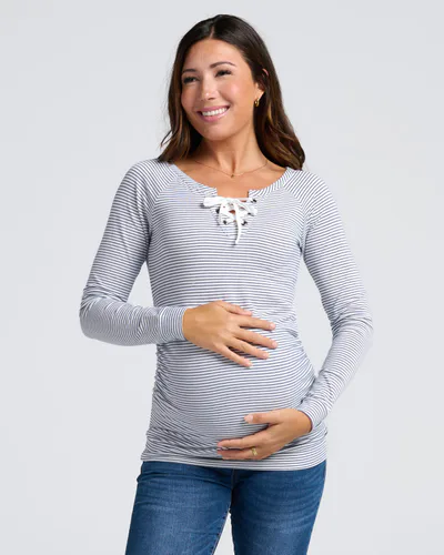 Angel Maternity Long Sleeve Nursing Top - Navy & White Stripes