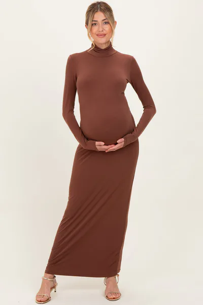 PinkBlush Camel Turtleneck Long Sleeve Maternity Maxi Dress