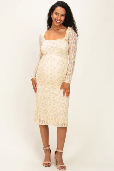 PinkBlush Cream Floral Lace Long Sleeve Square Neck Maternity Midi Dress