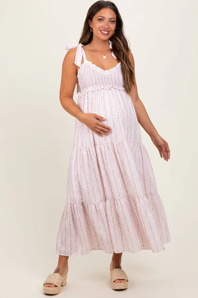 PinkBlush Pink Floral Striped Smocked Shoulder Tie Maternity Maxi Dress