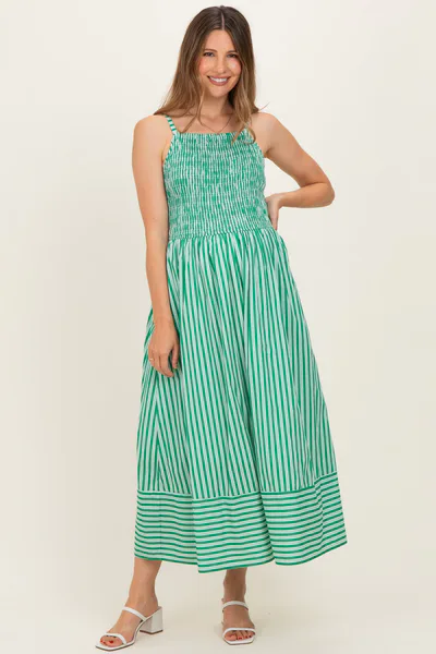 PinkBlush Green Striped Smocked Maternity Midi Dress