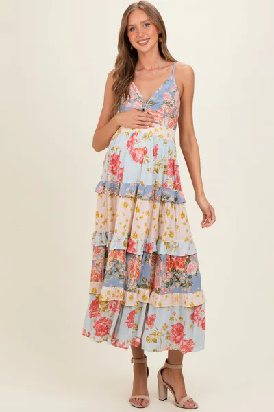 PinkBlush Multi V Neck Twist Front Tiered Maternity Maxi Dress