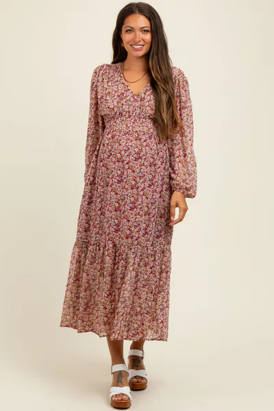 PinkBlush Burgundy Floral Smocked Waist Maternity Maxi Dress