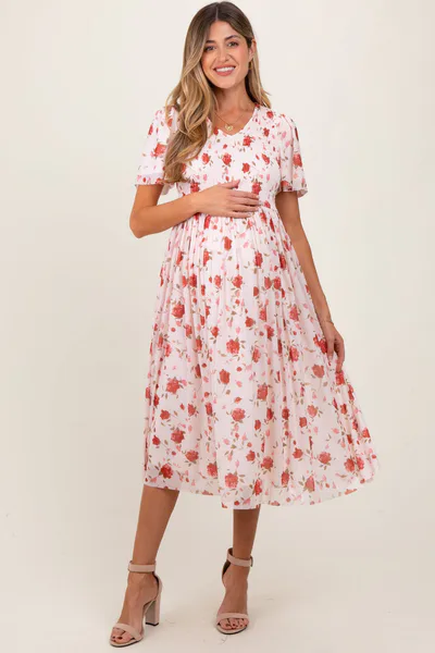 PinkBlush Light Pink Floral Smocked V-Neck Maternity Midi Dress