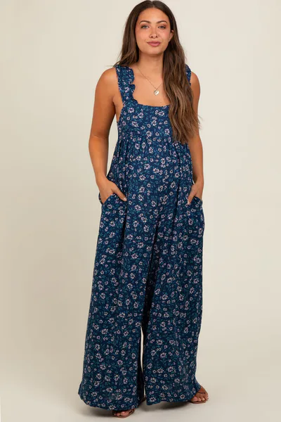 PinkBlush Navy Blue Back Cutout Wide Leg Maternity Jumpsuit