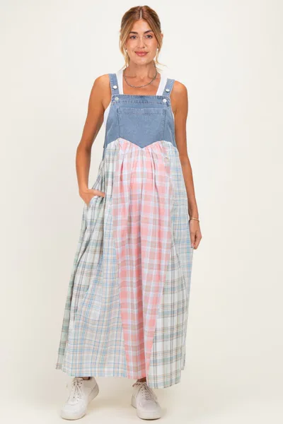 PinkBlush Multicolor Plaid Overall Maternity Maxi Dress