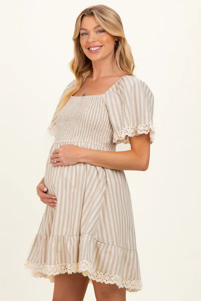 PinkBlush Beige Striped Smocked Lace Trim Maternity Dress