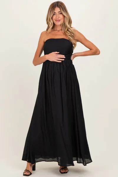 PinkBlush Black Strapless Tie Back Maternity Maxi Dress