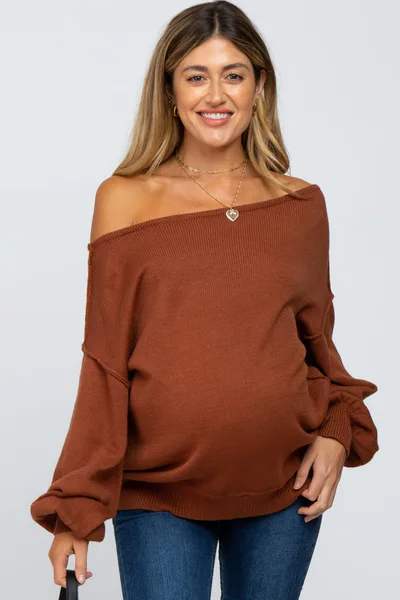 PinkBlush Camel Boat Neck Bubble Sleeve Maternity Sweater