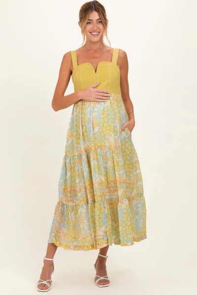 PinkBlush Lime Colorblock Floral Tiered Maternity Midi Dress