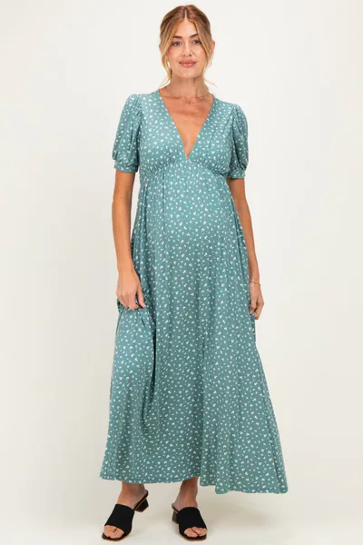 PinkBlush Light Olive Floral V-Neck Short Sleeve Maternity Maxi Dress