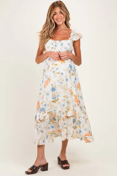 PinkBlush Beige Floral Ruffle Accent Maternity Midi Dress