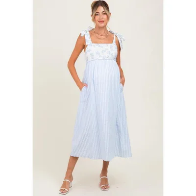 Target Pinkblush Light Blue Floral Contrast Stripe Shoulder Tie Maternity Midi Dress Large