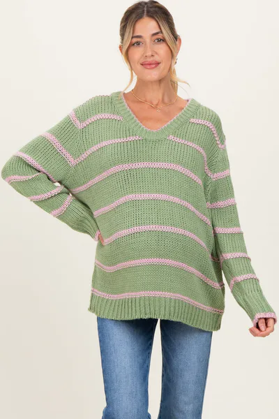 PinkBlush Light Olive Pink Striped Boxy Maternity Sweater