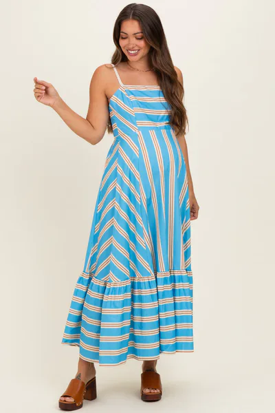PinkBlush Blue Striped Ruffle Hem Maternity Midi Dress