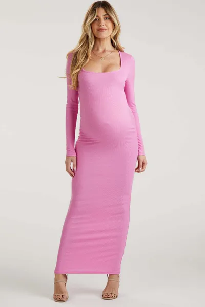 PinkBlush Pink Ribbed Long Sleeve Square Neck Maternity Maxi Dress