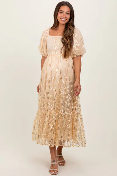 PinkBlush Cream Embroidered Sequin Detail Mesh Overlay Maternity Maxi Dress