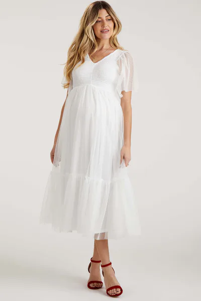 PinkBlush White Dotted Tulle Smocked Maternity Midi Dress