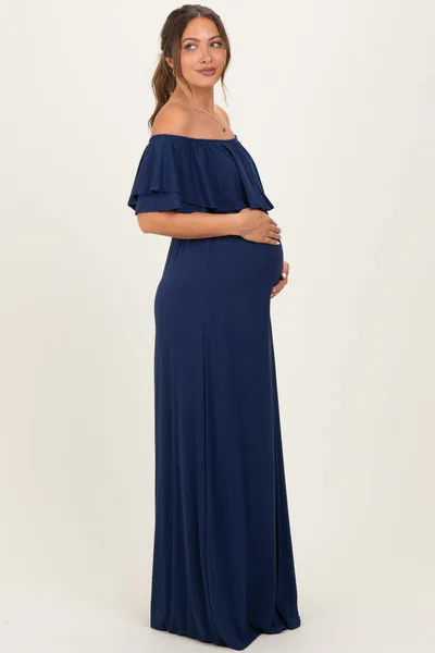 PinkBlush Navy Ruffle Off Shoulder Maternity Maxi Dress