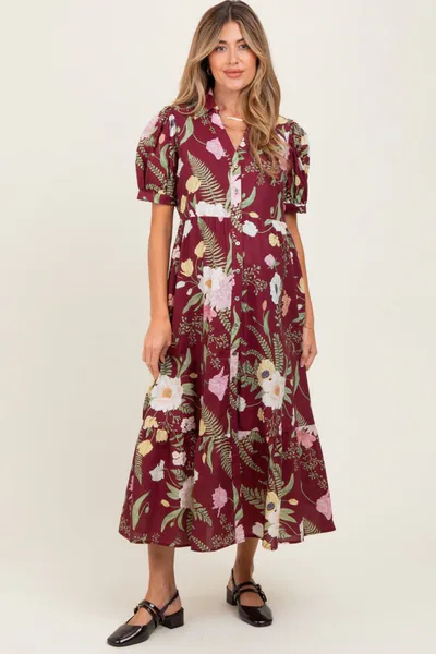 PinkBlush Burgundy Floral Puff Sleeve Button Down Maternity Midi Dress