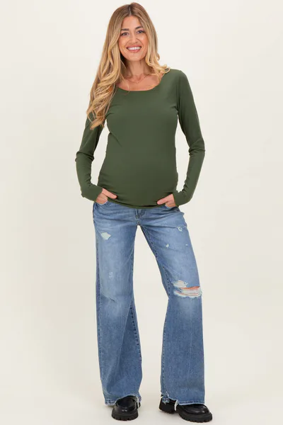 PinkBlush Blue Distressed Open Knee Wide Leg Maternity Jeans
