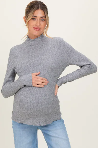 PinkBlush Heather Grey Ribbed Mock Neck Ruffle Hem Maternity Long Sleeve Top