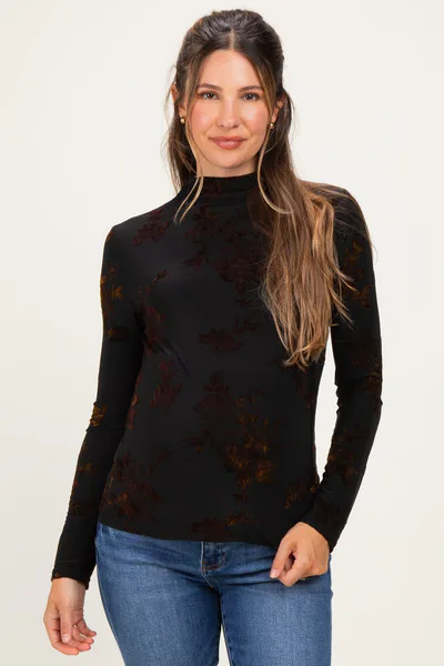 PinkBlush Black Velvet Floral Mock Neck Maternity Top