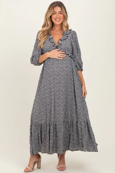 PinkBlush Black Ditzy Floral Long Sleeve Ruffle V-Neck Tiered Maternity Maxi Dress