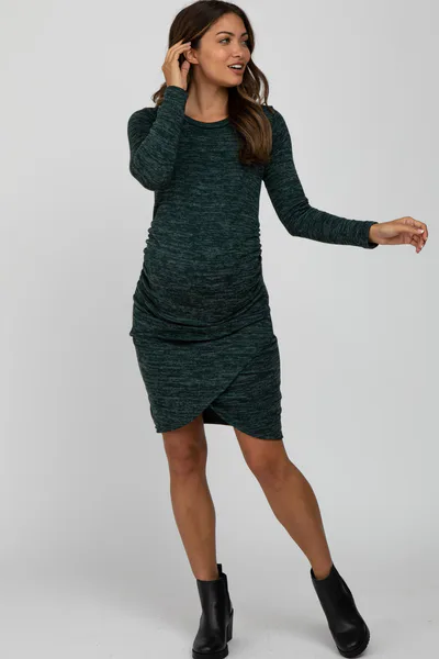 PinkBlush Green Heathered Ruched Tulip Hem Maternity Dress