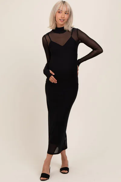 PinkBlush Black Mesh Overlay Long Sleeve Maternity Maxi Dress