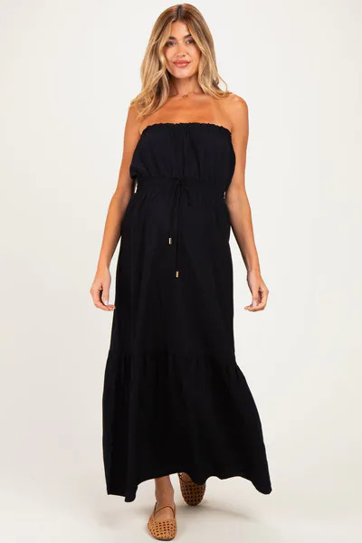 PinkBlush Black Strapless Cinched Waist Tie Maternity Maxi Dress