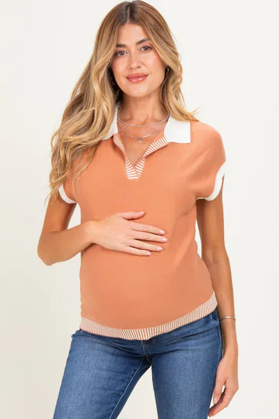 PinkBlush Rust Stripe Trim Maternity Collared Top